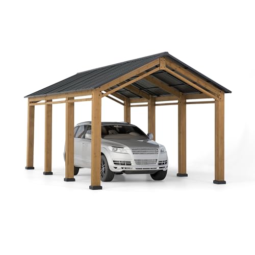 Sunjoy Carport 11 ft. x 20 ft. Standard Wood Gazebo Heavy Duty Garage, Cedar Framed Gazebo Car Shelter with Metal Roof and Movable Ceiling Hook