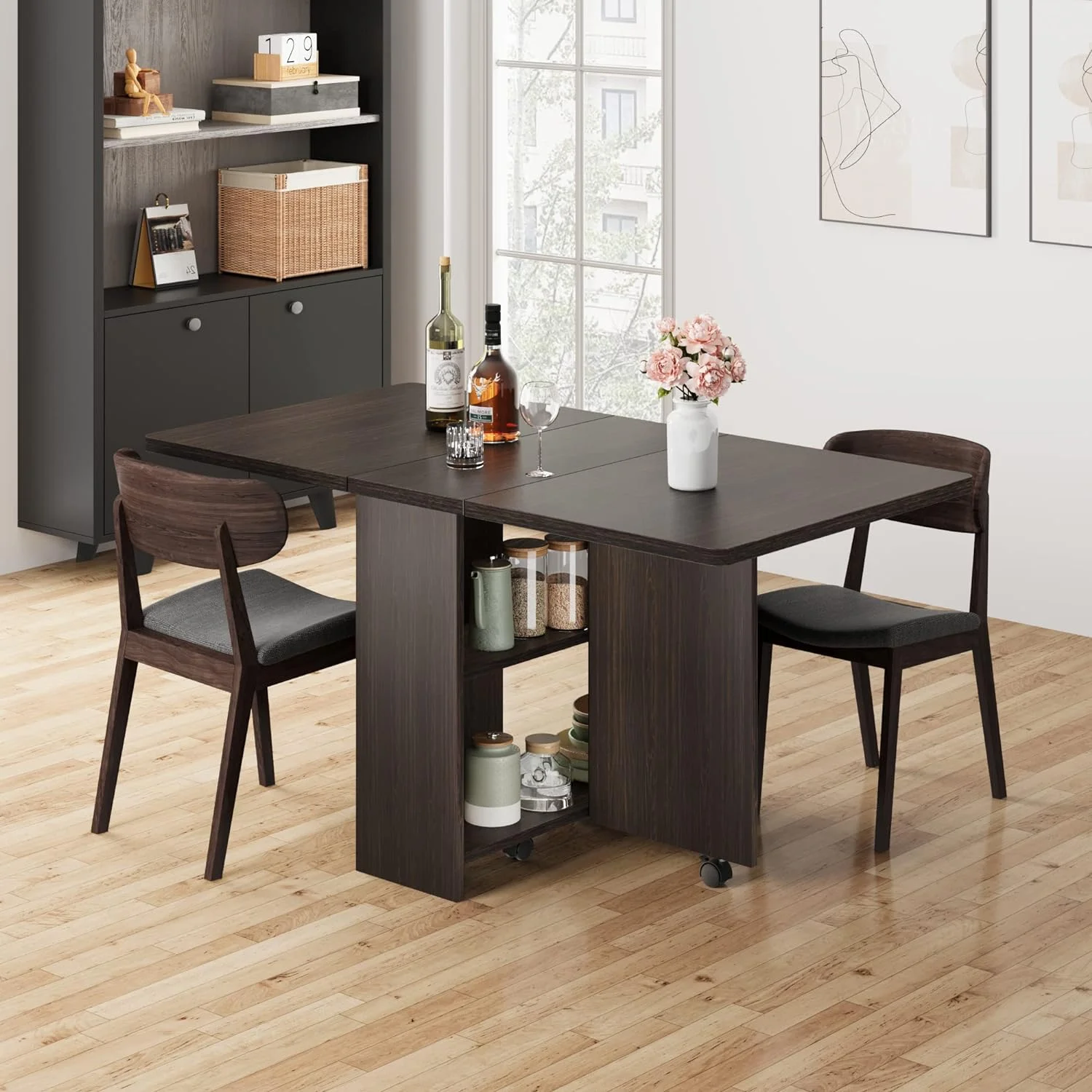 RUNFAYBIU Space Saving Folding Dining Table with 2 Tier -Extendable Drop Leaf Farmhouse Wood Kitchen Dining Room Tables Set for 4  Collapsible