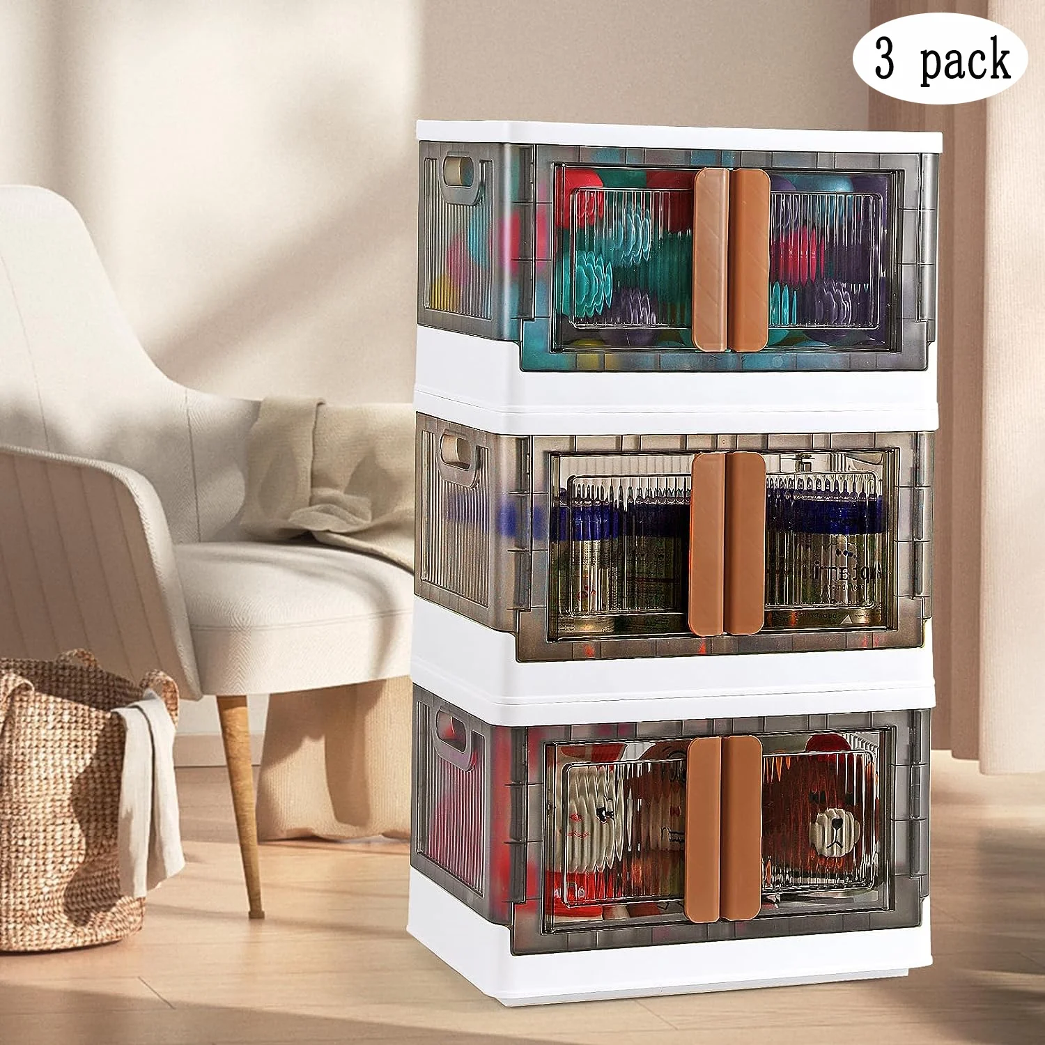 Foldable Cube Storage Bins with Lids -3 Pack, 8.4 Gal Capacity - Closet Organizer, Folding Cabinet with Doors, Wheels - Ideal for Home,Dorm,Trunk