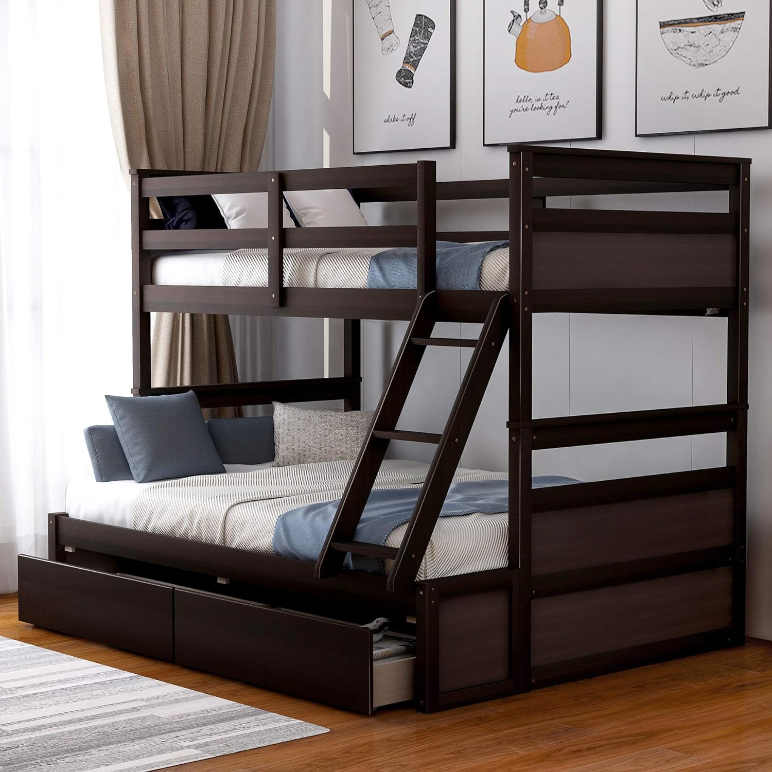 Over Full Bunk Bed With Storage, Wood Bunk Bed Frame With Two Drawer, Safety Guardrail, Ladder, Can Convertible To 2 Separated Beds For Kids, Teens