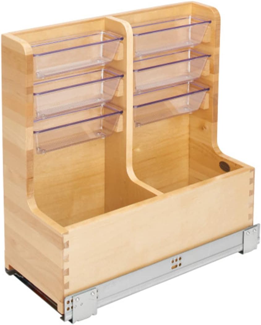 Rev-A-Shelf 441-15VSBSC-1 30 Inch Floor Mount L Shaped Wood Sink Vanity Cabinet Base Storage Organizer with Soft Close Slides and Bins, Natural Maple