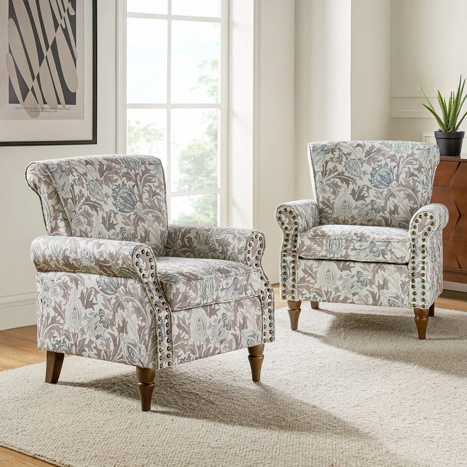 HULALA HOME Avelina Upholstered Accent Armchair Floral Pattern with Nailhead Rolled Arms Set of 2 Grey Floral Modern & Contemporary, Traditional