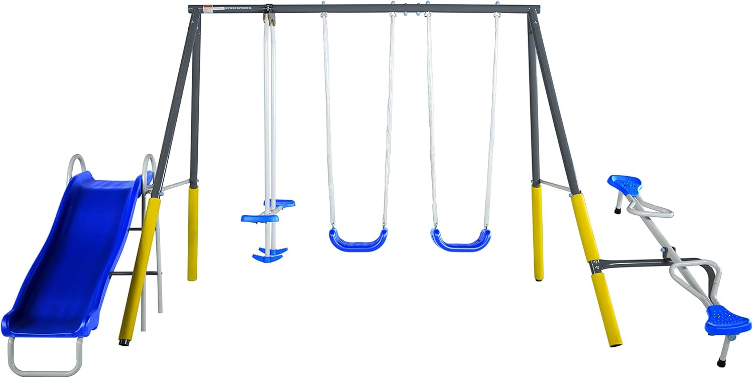 Sportspower Cambridge Outdoor Kids Swing Set with Slide, Blue/Yellow (MSC-4542)