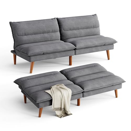 Futon Sofa Bed, 71‘’ Corduroy Fabric Futon Couch, Convertible Recliner Folding Sleeper Sofa, Adjustable Backrest, Small Futon for Small Rooms, RV