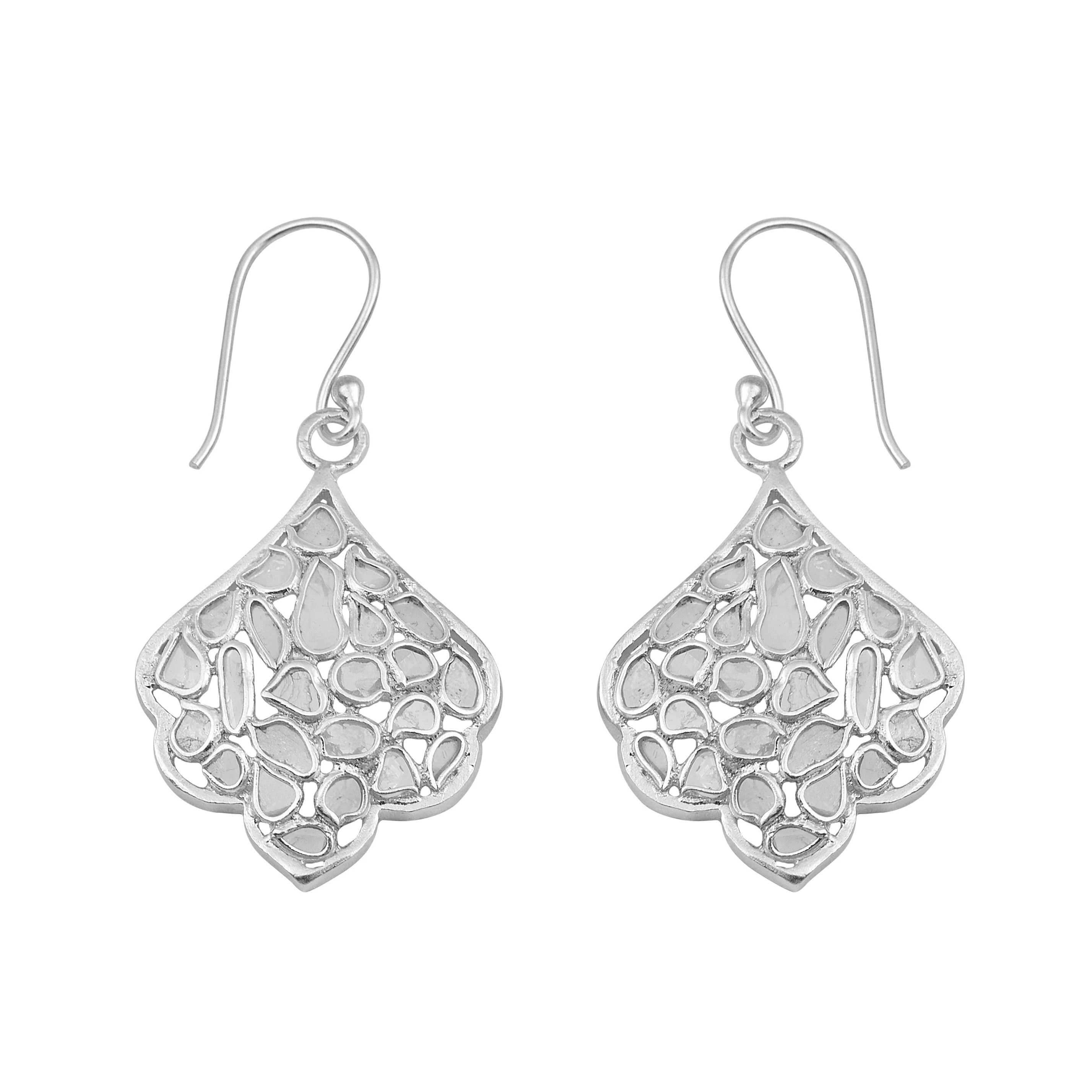 1.00 CTW Natural Diamond Polki Leaf Dangles 925 Sterling Silver Platinum Plated Slice Diamond Earrings