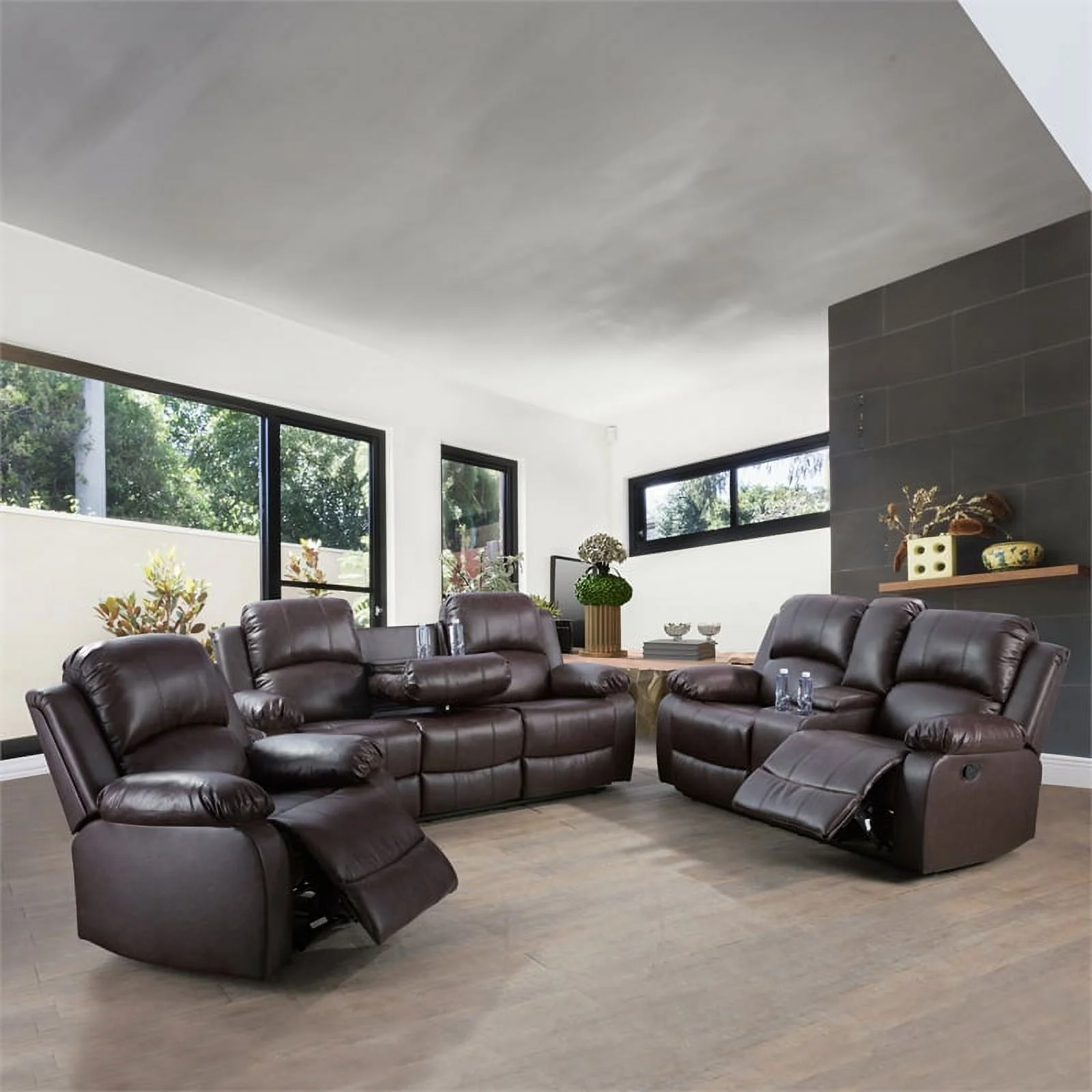 Lifestyle Furniture Provo 3-Pieces Faux Leather Recliner Sofa Set in Espresso
