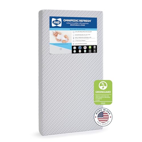 SEALY BABY OmniPedic Refresh Breathable Crib Mattress, GREENGUARD Gold Certified, Made in USA, Removable Knit Cover, 2 Stage, Toddler Bed Fit