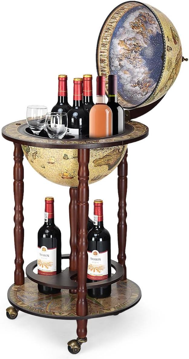 Globe Bar, Wood Globe Wine Bar Stand, 16th Century Italian Rack Liquor Bottle Shelf, Replica Globe Bar Liquor Cabinet w/Wheels
