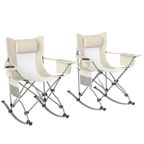 Outsunny Folding Rocking Camping Chairs for Adults, Portable Outdoor Rocking Chairs with Headrest, Cooler Bag, Cup Holder