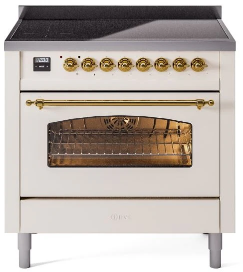 ILVE Nostalgie II 36 Induction Range with Element Stove and Electric Oven in Antique White with Brass Trim, UPI366NMPAWG