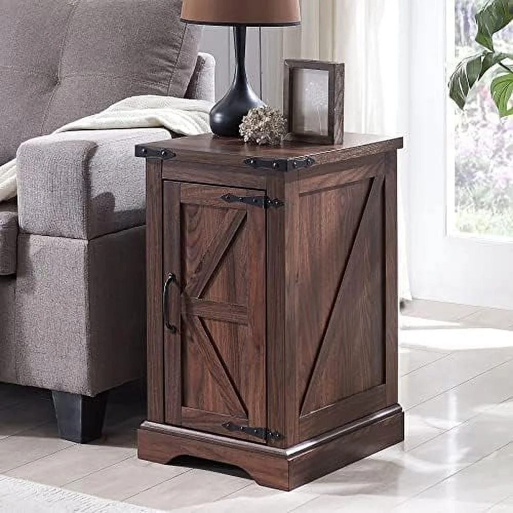 HOOMHIBIU Nightstand with Charging Station  Rectangular Farmhouse End Table with Barn Door and Adjustable    17"
