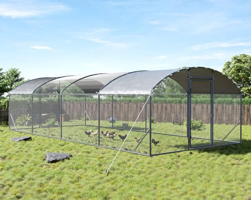 Jocisland 9x25.3x6.4 FT Large Walk-in Chicken Coop with 2 Hinged Doors, Dome Roof, PE Cover & Wire Mesh for Backyard Hen, Rabbit, Duck