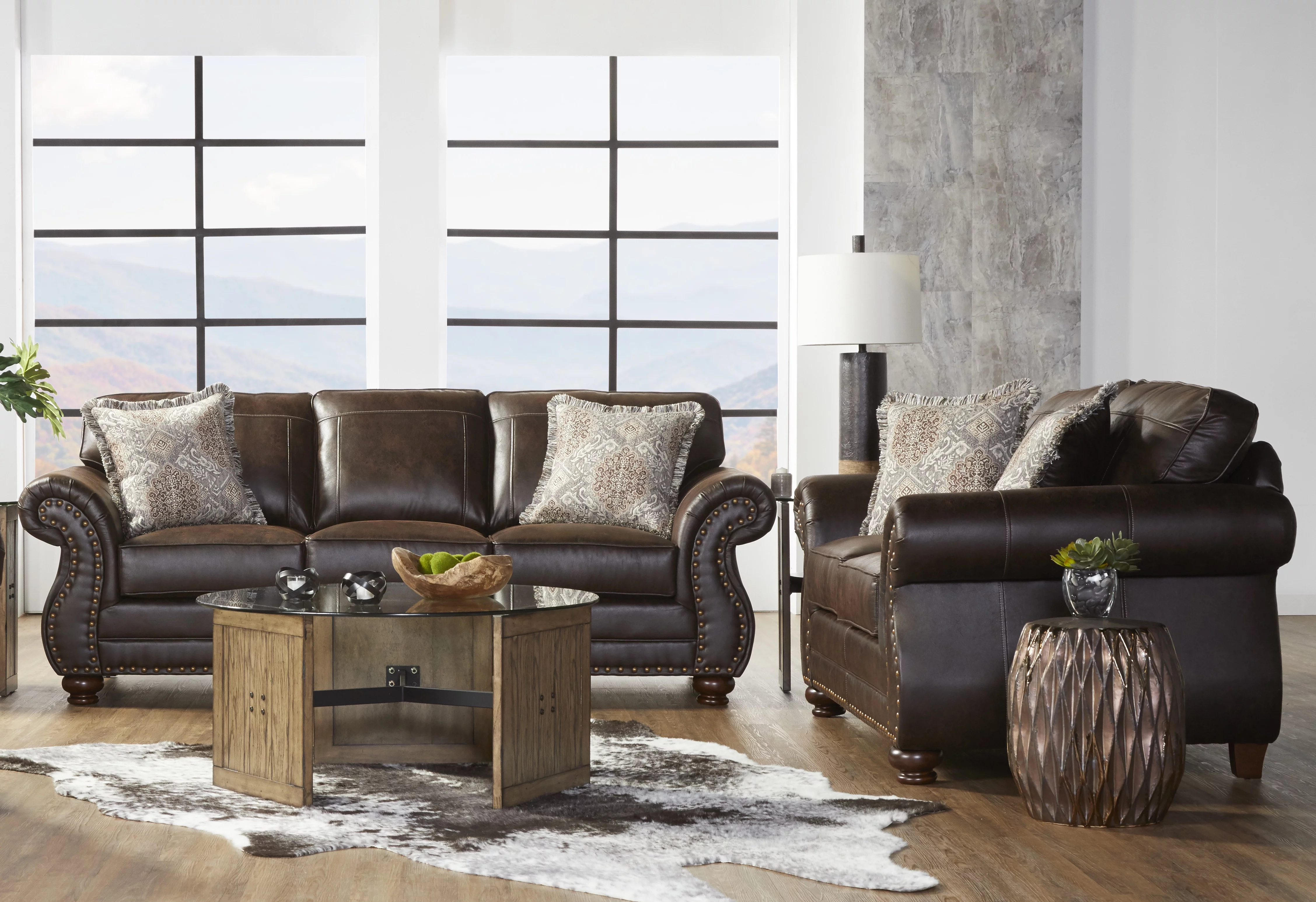 Roundhill Furniture Leinster Nailhead Faux Leather Sofa and Loveseat Set, Espresso