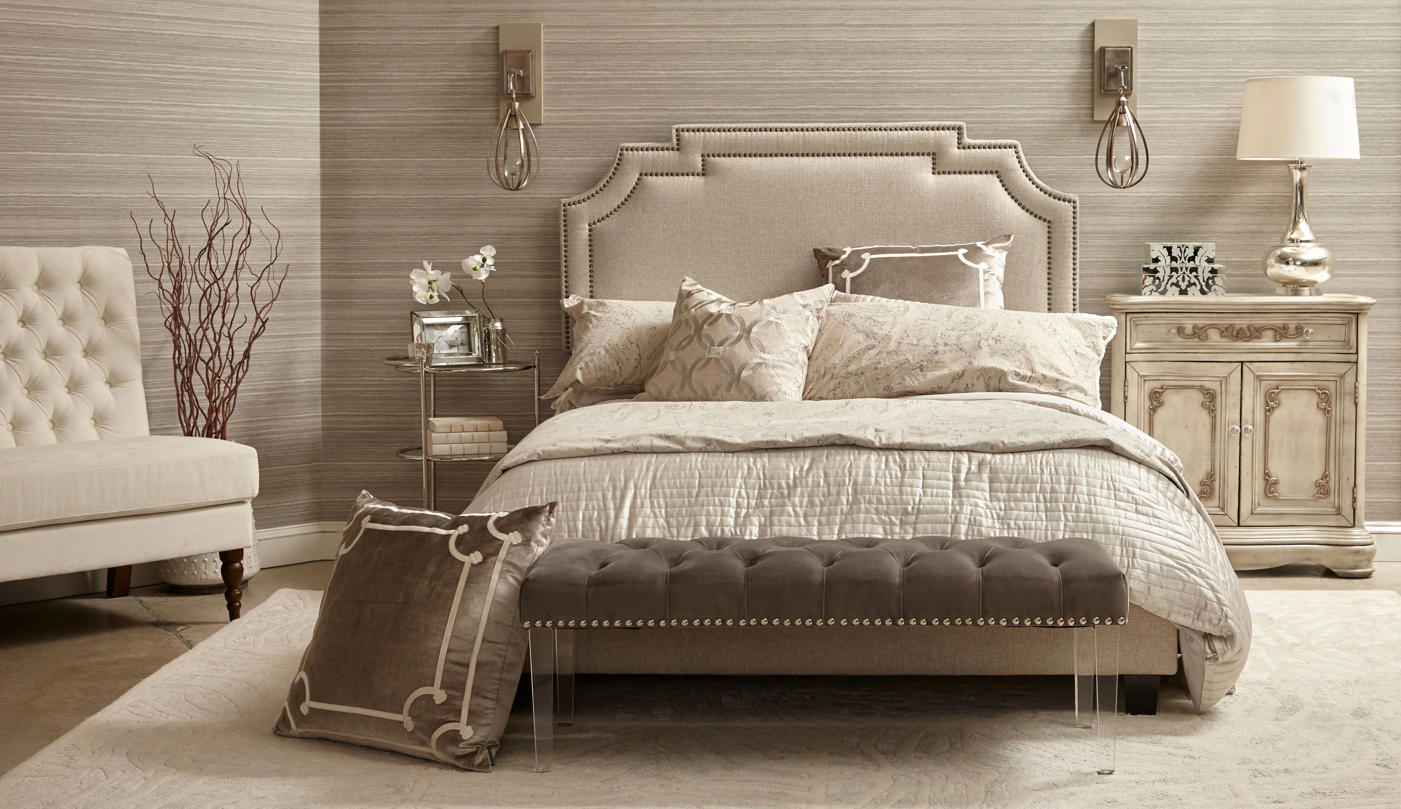 Nailhead Marquee Upholstered Queen Bed in Linen White