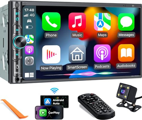 SJoyBring Upgrade Wireless Double Din Car Stereo with Apple Carplay, Android Auto, Dash Cam, Bluetooth, 4-Channel RCA, 2 Subwoofer Ports
