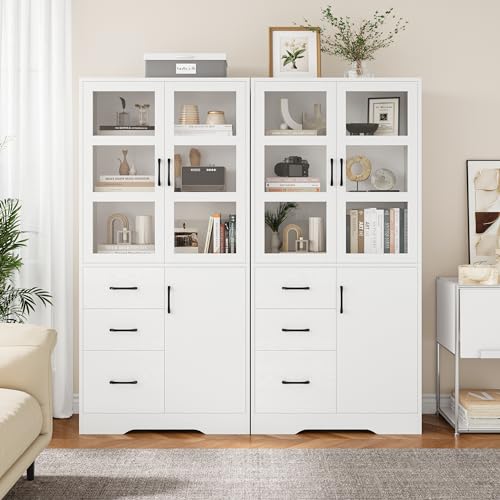 HIFIT 2 Pack Tall Bookshelves and Bookcases with Glass Display Cabinet Doors and 3 Drawers, Floor Standing Wood Storage Cabinet with Shelves