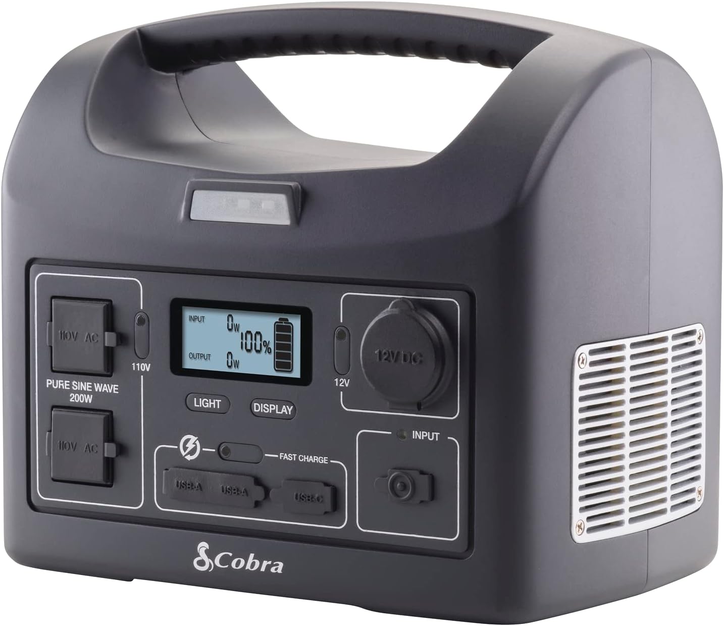 Cobra 200W Power Station - Portable Power, Fast Charge USB, LED Flashlight, AC Outlets, 200W Pure Sine Wave, 12V Socket, AC and 12V Cables