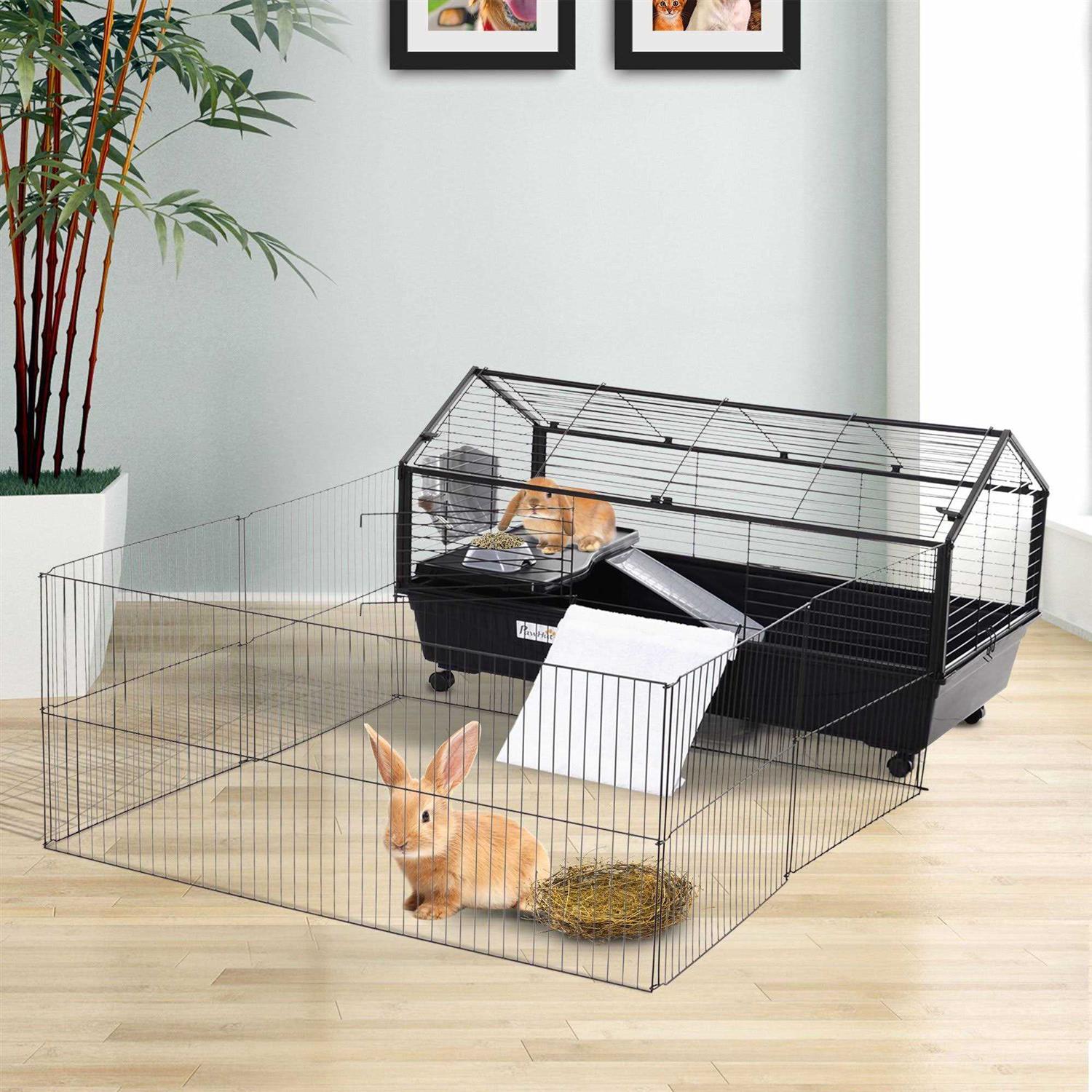 PawHut Rolling Metal Rabbit Guinea Pig or Small Animal Hutch Cage with Main House and Run - Pet Supplies online store