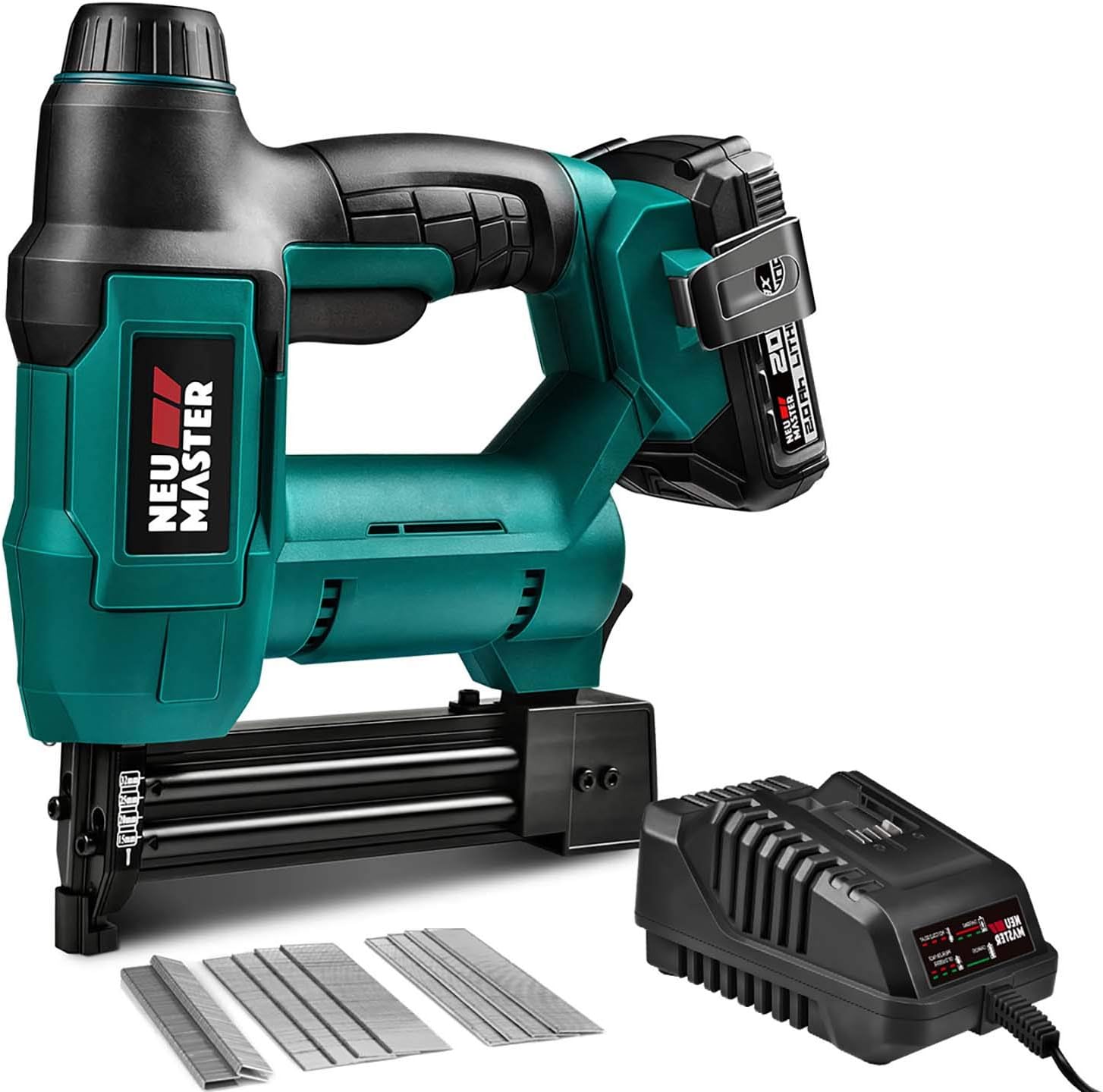 NEU MASTER Cordless Nail Gun Battery Powered, Battery Brad Nailer/Staple Gun NTC0023 20V Max. Battery and Charger Included for Upholstery