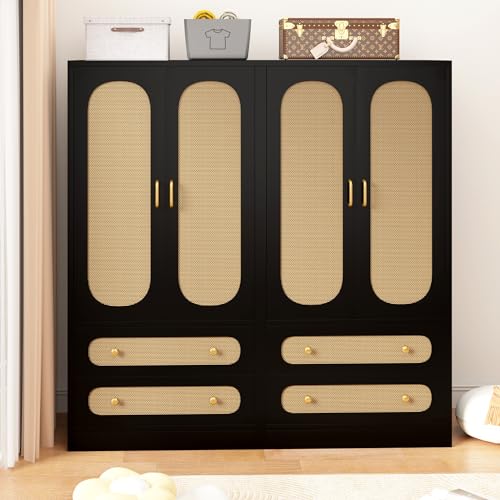 2 Door Wood Wardrobe Bedroom Closet, Rattan Wardrobe Cabinet with 2 Drawers & Hanging Rail, Freestanding Large Capacity Storage for Dormitory