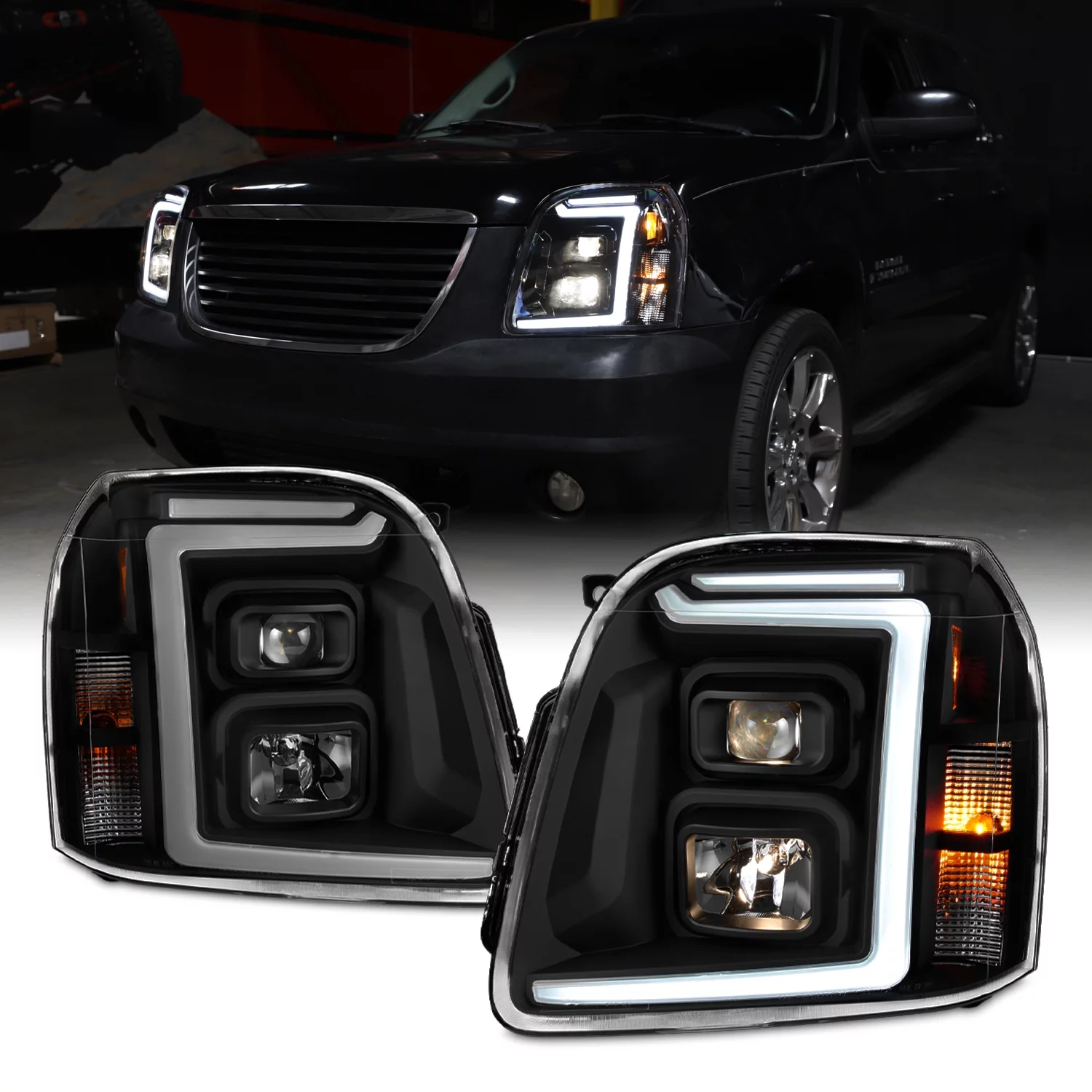 AKKON - Fits 2007-2014 GMC Yukon XL 1500 2500 [LED C-Tube DRL] Projector Black Smoked Headlights Pair Driver+Passenger - Radiant Selections