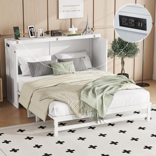 Queen Murphy Bed Cabinet, Murphy Bed Queen with Storage Drawer & Charging Station, USB Port, Solid Pine Wall Beds for Home Office