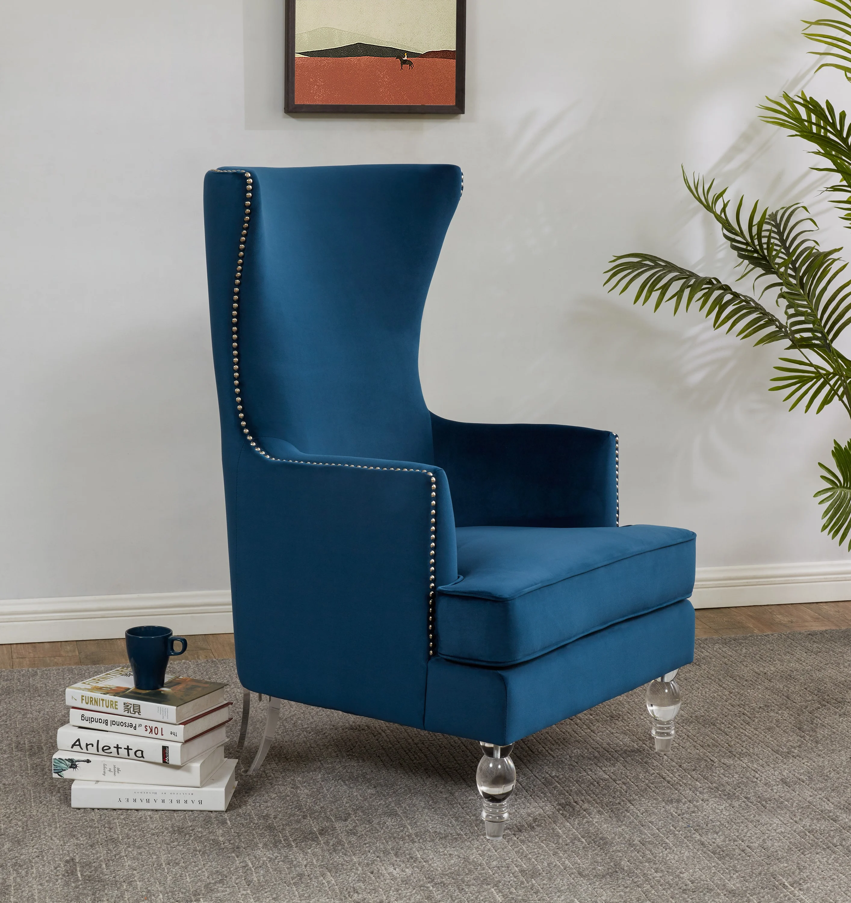 SAFAVIEH Couture Geode Modern Velvet Solid Wingback Chair, Navy