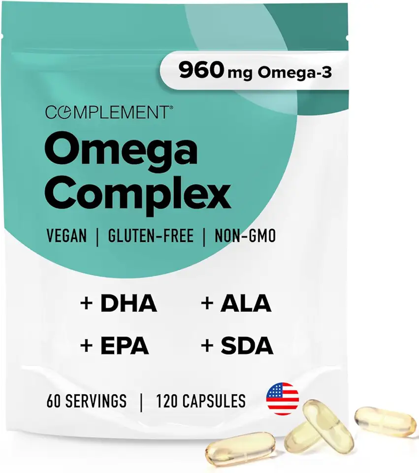 Complement Vegan Omega 3 Supplement- 960mg Omega-3 Fatty Acids, DHA, EPA, SDA, ALA Supplement - Immune Support- 60 Servings, 120 Liquid Capsules