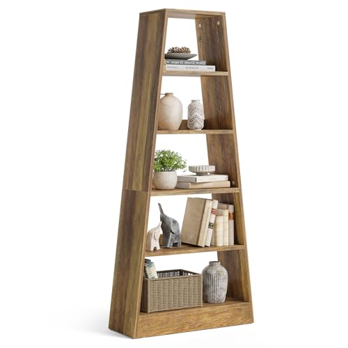 LITTLE TREE 6-Tier Bookshelf, 70.87-Inch Ladder Bookcase, Tall Standing Wooden Bookcase Display Shelf in Warm Umber Wood Finish