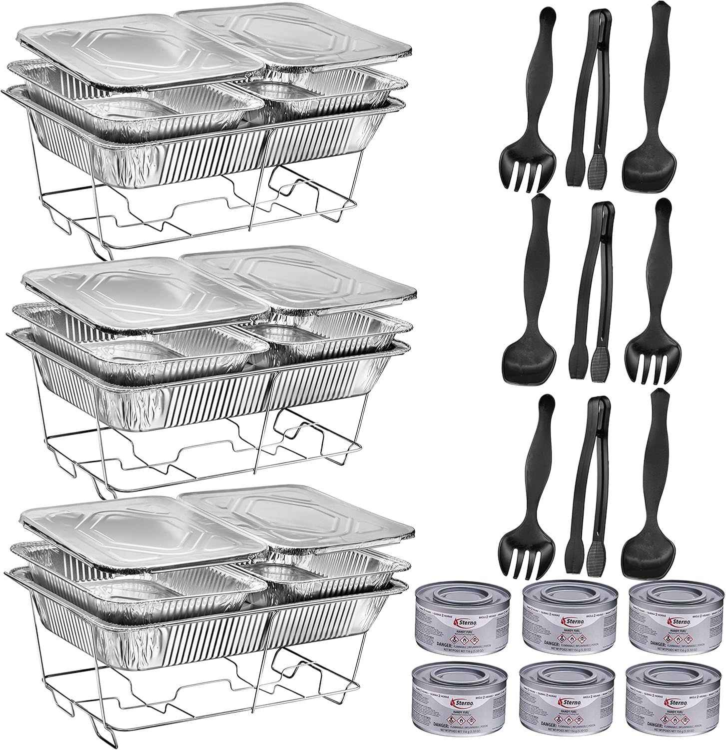 Disposable Chafing servers with covers - (33pc) Buffet Set Includes Full-Size Wire Stand & fuel cans, Disposable Pans & Utensils