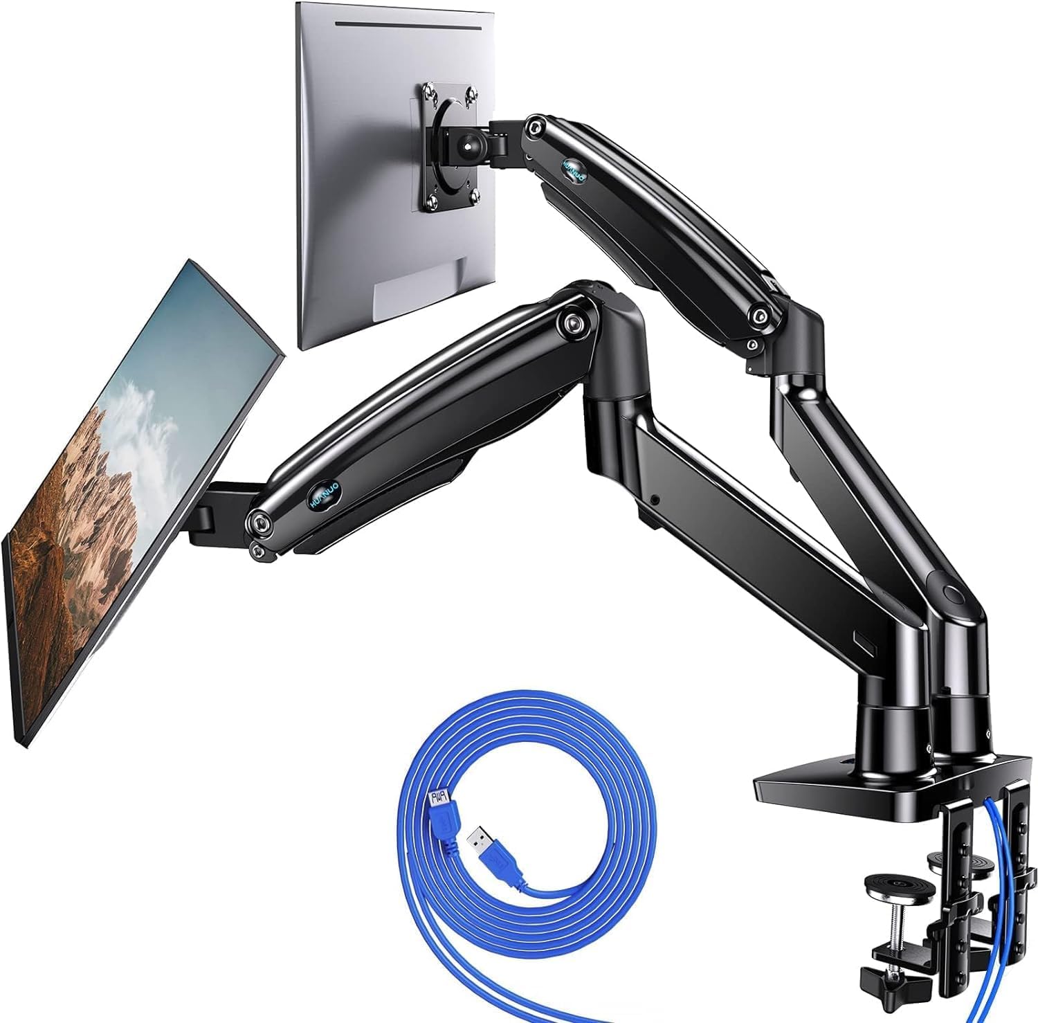 HUANUO Dual Monitor Stand for 13 to 35 inch, Premium Dual Monitor Mount with USB, Height Adjustable Monitor Stand for 2 Monitors