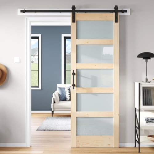 42x84 inch Glass Sliding Barn Door Slab with 7ft Hardware Kit Included, 5-Panel Frosted Glass, Spruce Wood Support DIY Dyeing, Easy Assembly