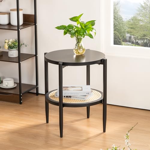 Rattan Round Coffee Table Set, Mid Century Modern Rattan Center Table & Small End Table, Black 2-Tier with Storage for Living Room Small Space