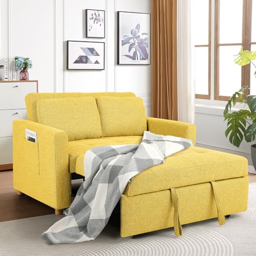 Convertible Sofa Bed, 3-in-1 Sleeper Sofa Pull Out Couch Bed, 2-Seater Linen Fabric Loveseat Futon Sofa with Spring Support