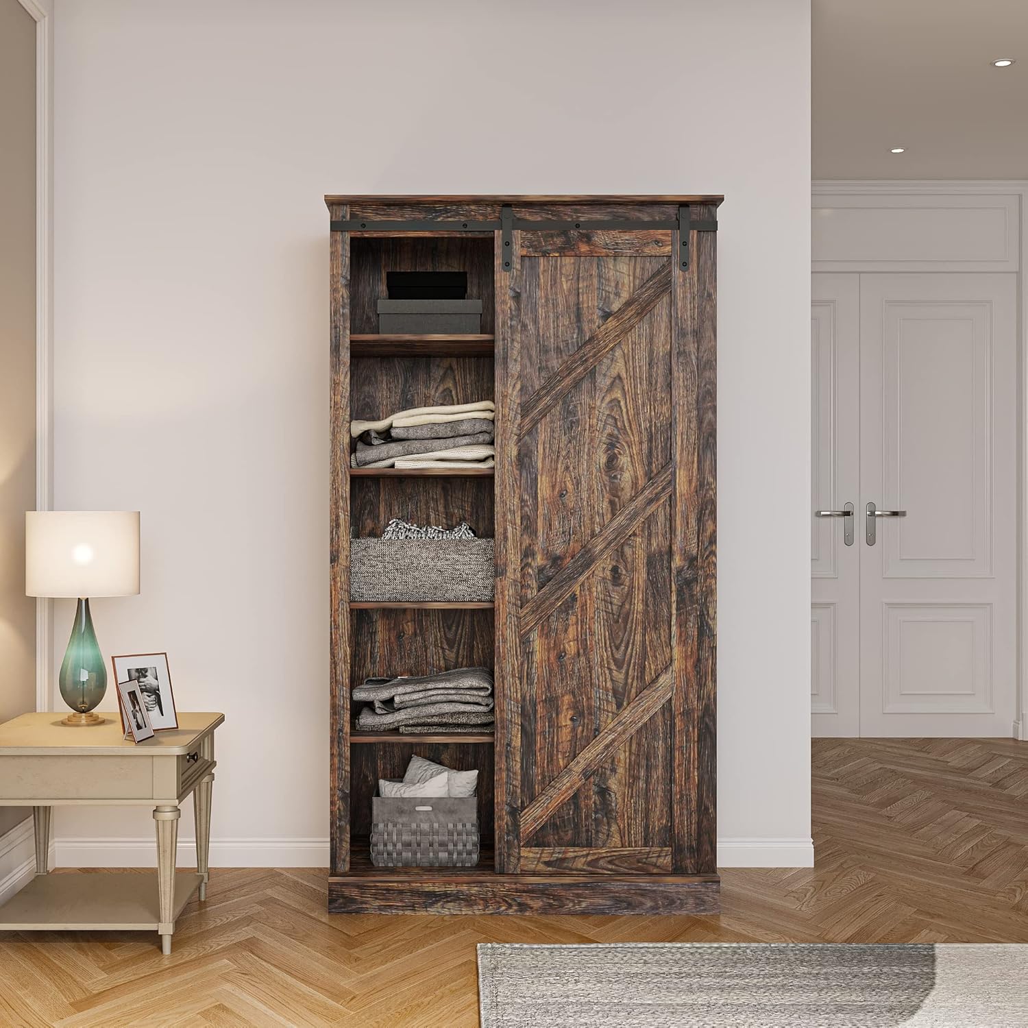 Tall Storage Cabinet Country Wood Rustic Farmhouse Pantry Cupboard Sliding Door Kitchen Organizer Furniture Home Drawer Shelves Utility Towel Shelf