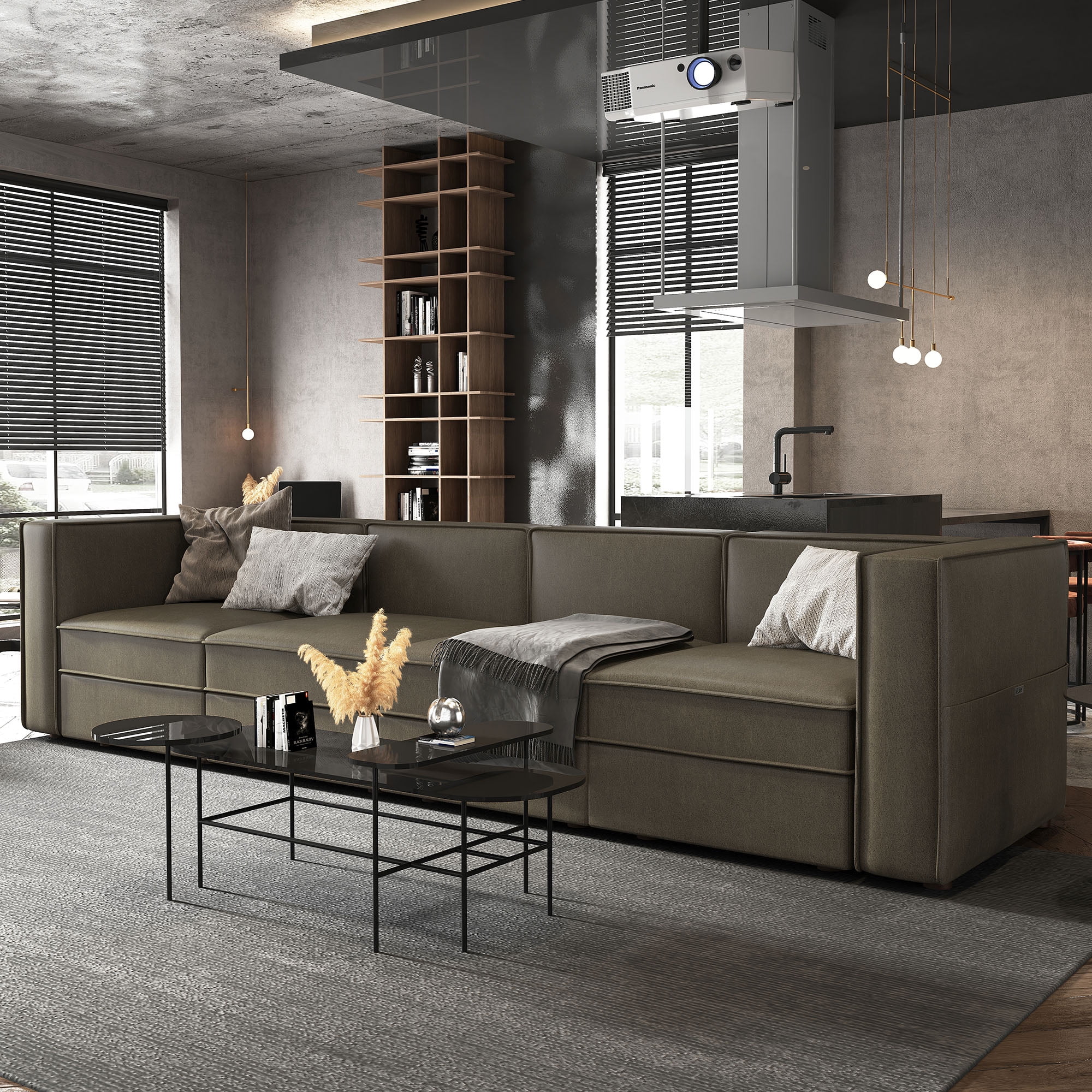 Nolany Modular Sectional Sofa Couch 4-Seat Sofa with Storage Seat, Dark Grey Microfiber - Curated Treasures Market