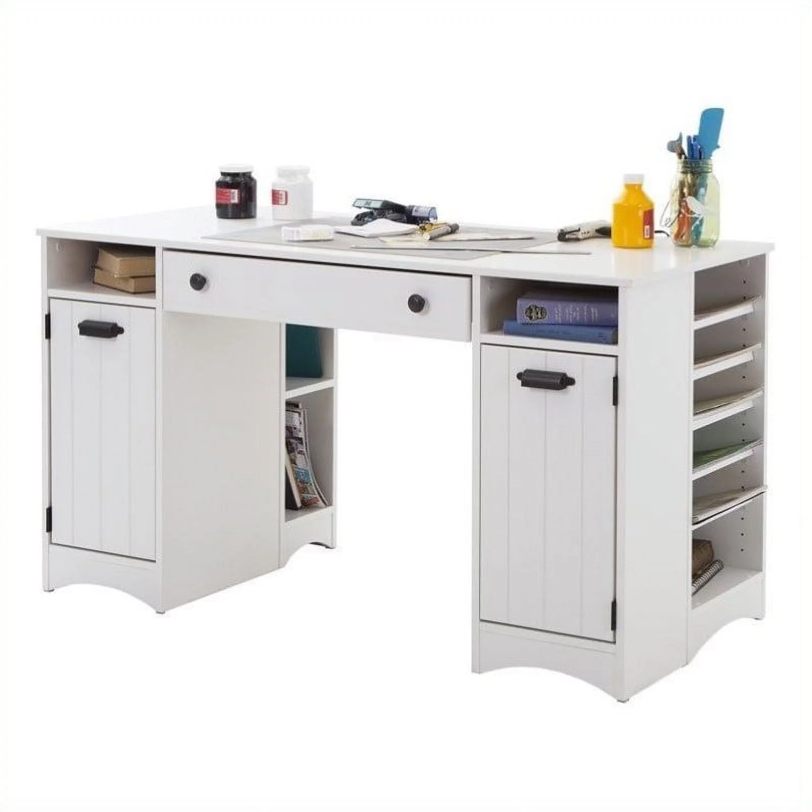 Pemberly Row Traditional Craft Table with Storage in Pure White - Radiant Selections