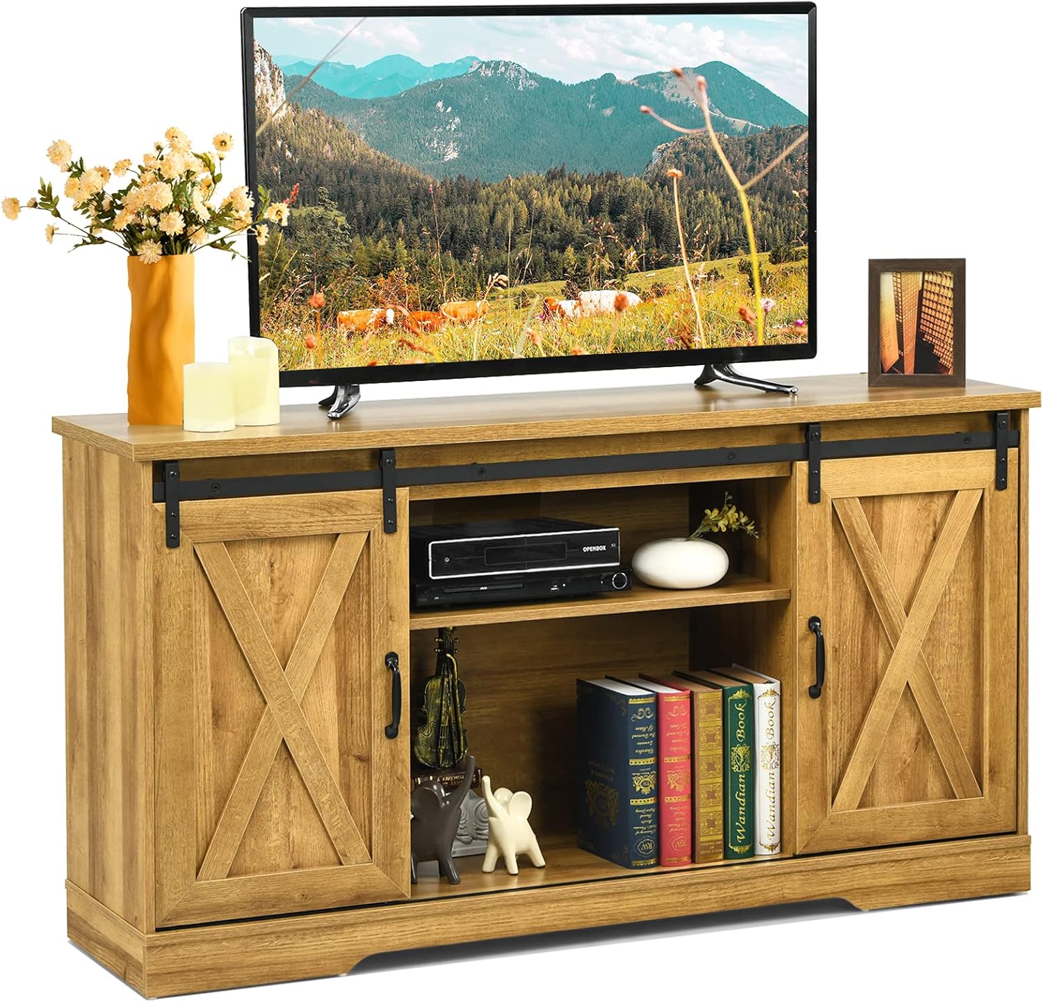 Tangkula Sliding Barn Door TV Stand for TV up to 65 Inches, Farmhouse Entertainment Center with Adjustable Storage Shelves, Cable Holes