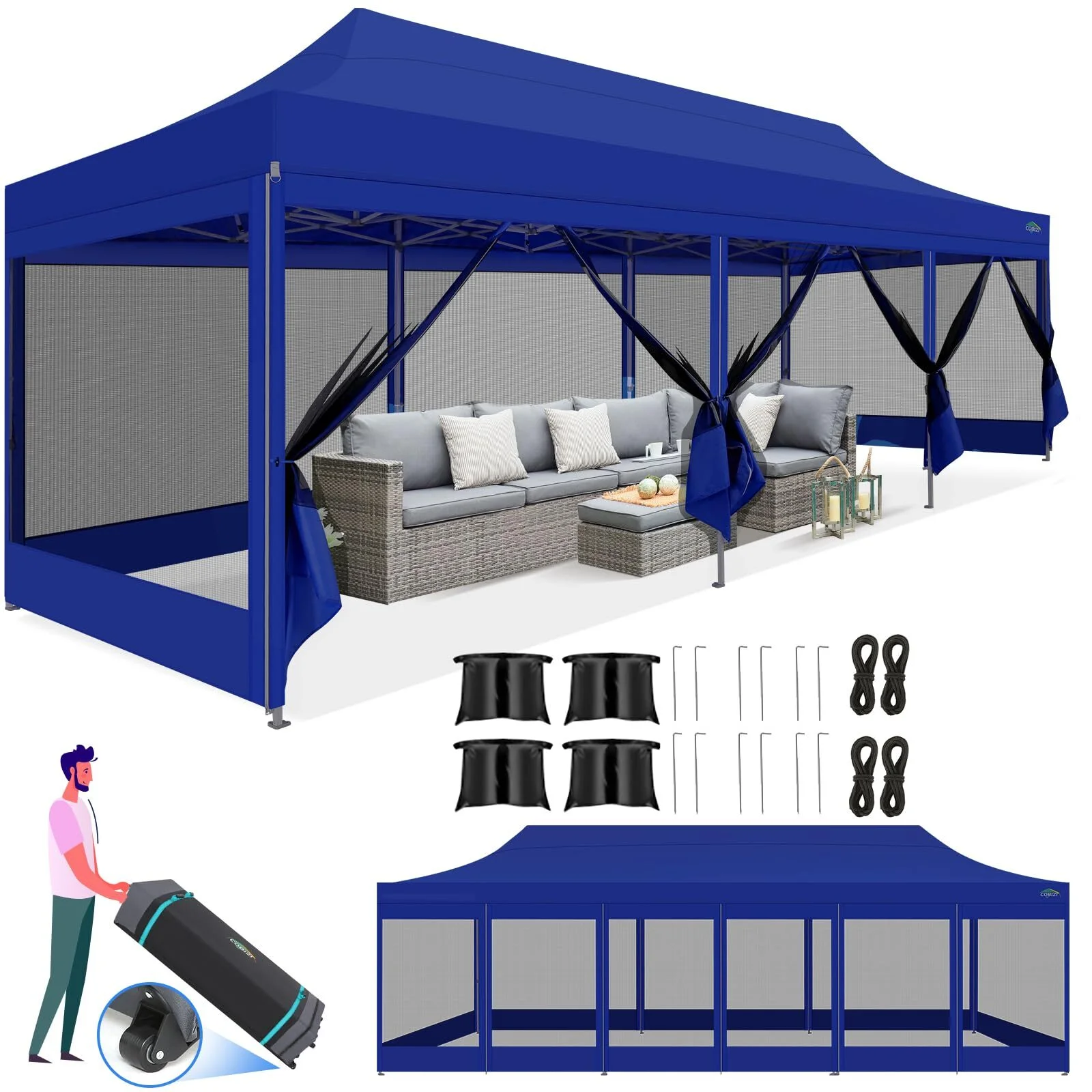 COBIZI 10x30 Canopy Heavy Duty Tent,Pop Up Canopy Gazebo with Netting Screened,Waterproof&Sunproof Ez up Canopy with Sidewalls