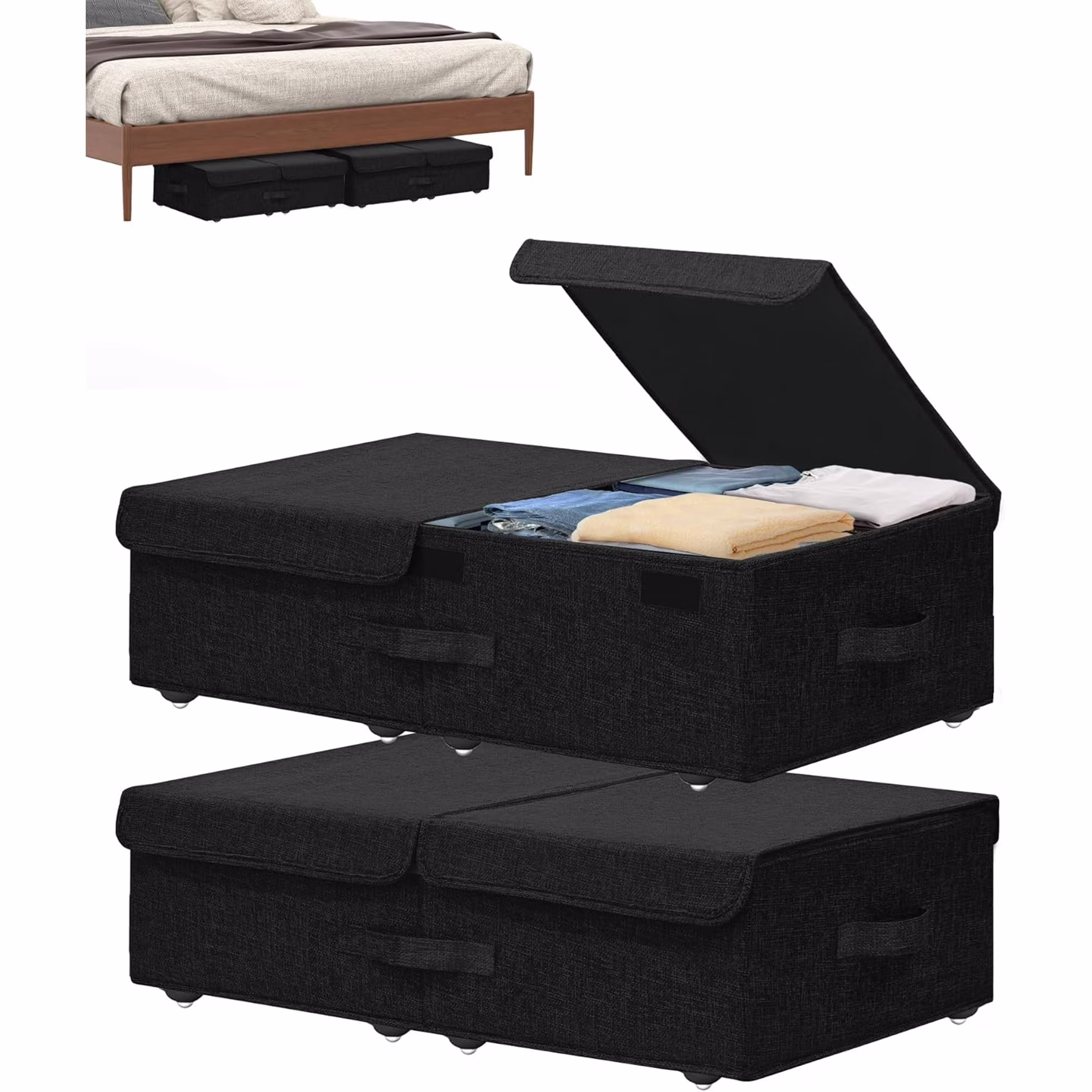 Under Bed Storage Container with Wheels, 2 Pack 5.5 High Deep Underbed Rolling Box Storage Bins Drawers with Lids for Bedroom, Dorms, Clothes, Shoes