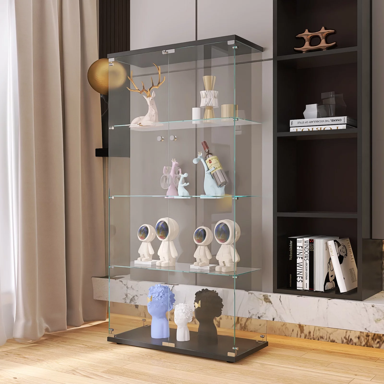 Glass Cabinet with 2 Clear Door, Curio Display Cabinet with 4 Shelves Glass Tower, 64'' High Figure Storage Display Corner Cabinet