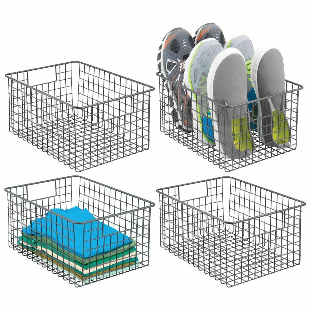 mDesign Metal Storage Basket Bin with Handles for Closets, 4 Pack - Graphite - Megean