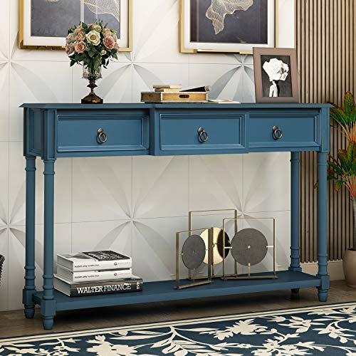 Merax Narrow Console Sofa Table with Drawers and Long Shelf for Living Room, Entryway/Hallway, Antique Navy