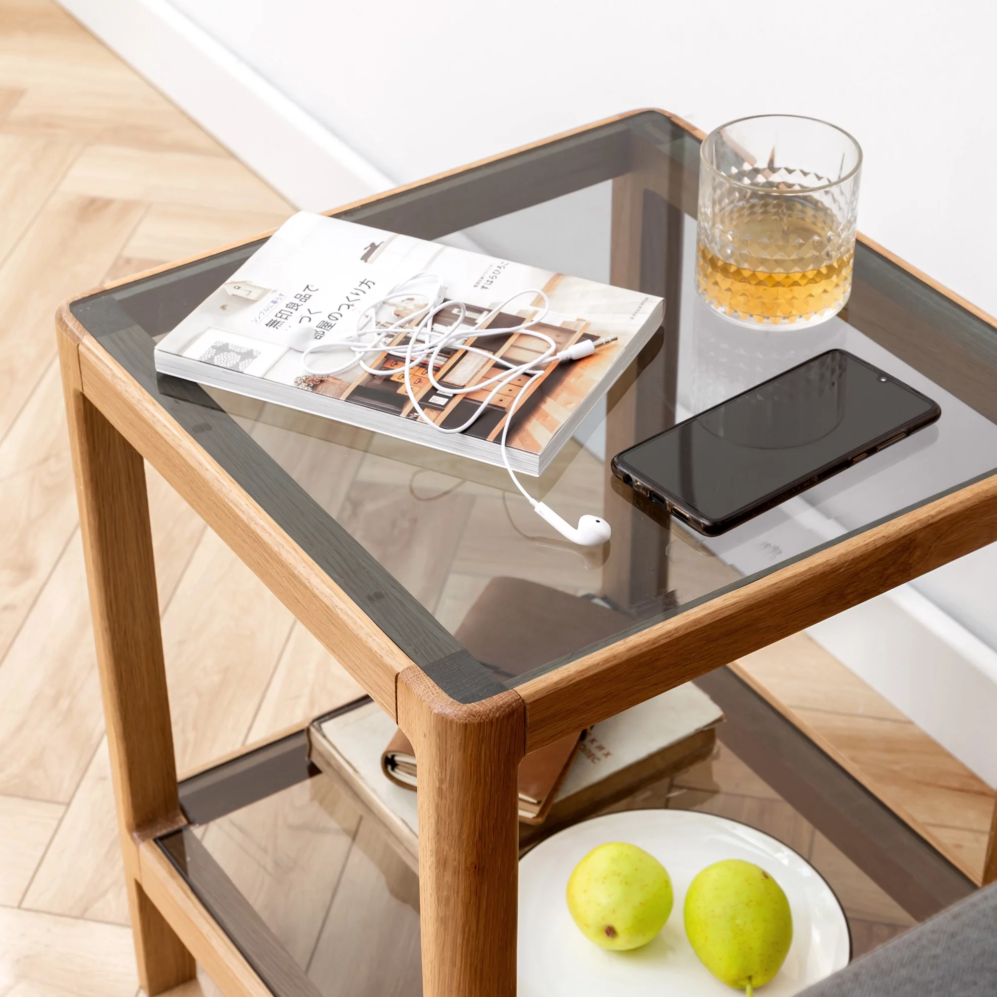 aixvx Natural Oak Wood End Table with Tempered Glass for Living Room, Dinning Room, or Bedroom
