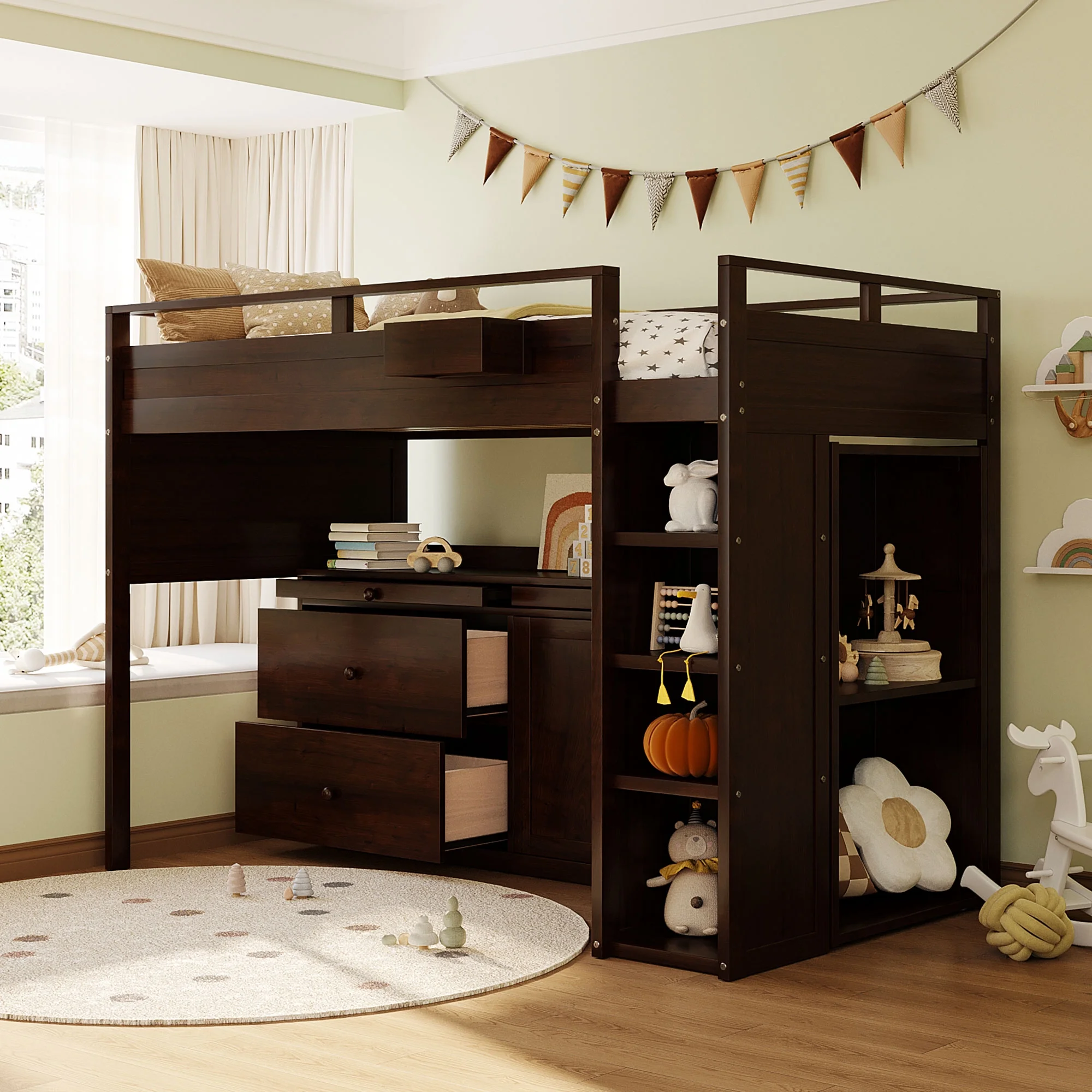 CoSoTower Loft Bed with Rolling Cabinet and Desk - Espresso - Curated Treasures Market
