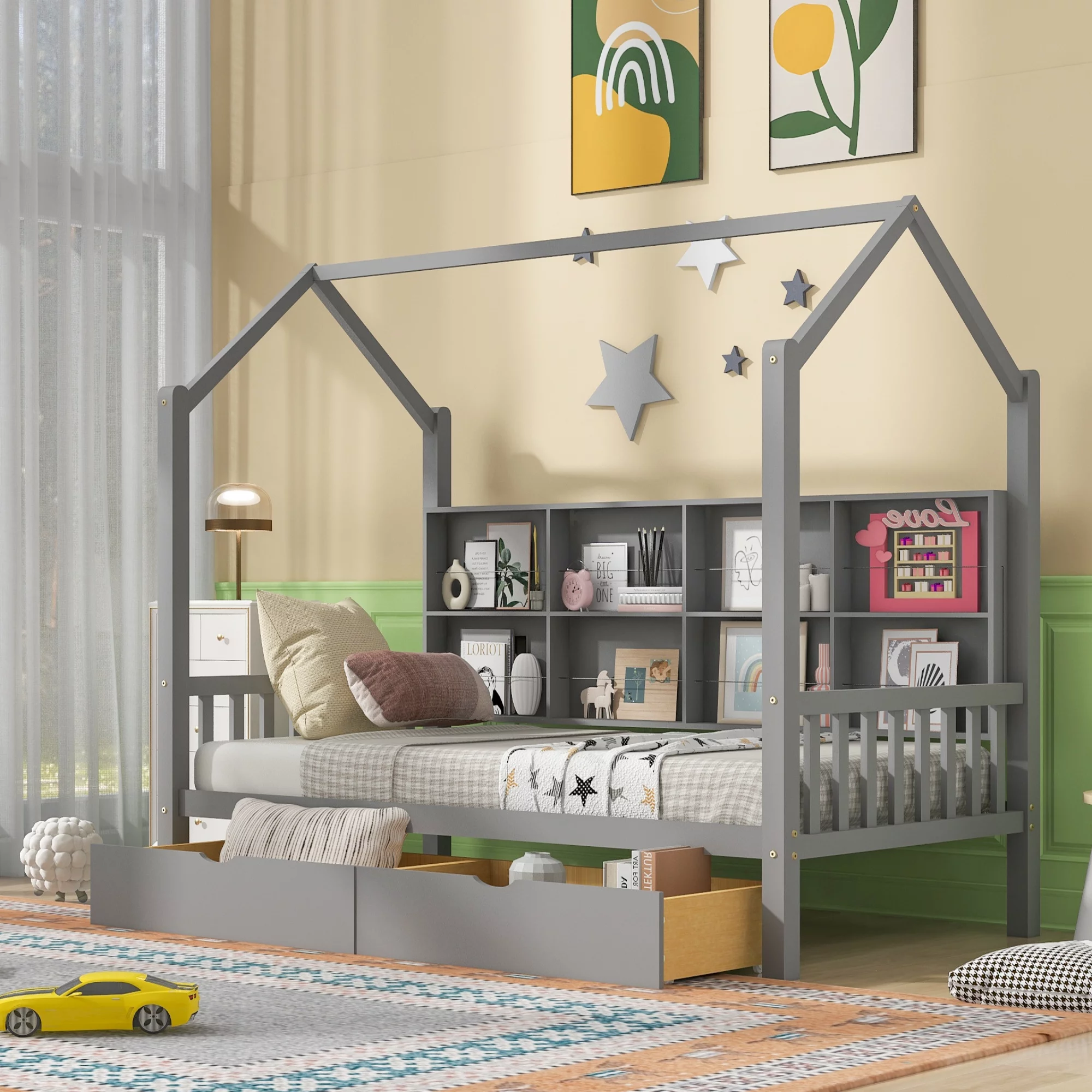 CoSoTower Wooden Twin Size House Bed with 2 Drawers, Kids Bed with Storage Shelf, Gray