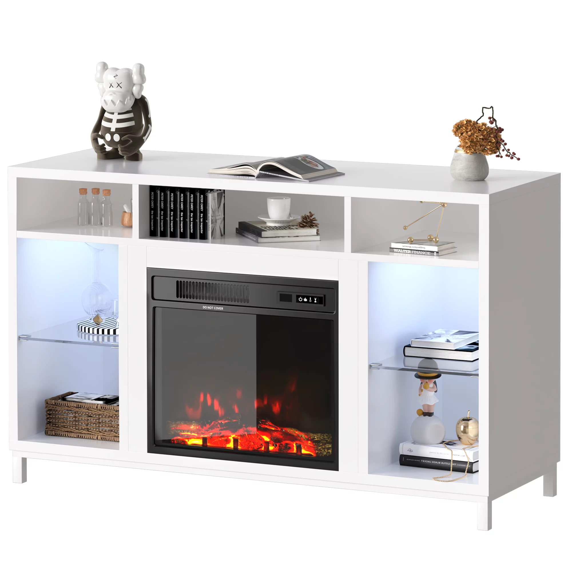 Fireplace TV Stand with 18" Electric Fireplace, Entertainment Center with Adjustable Glass Shelves, TV Console for TVs up to 47"