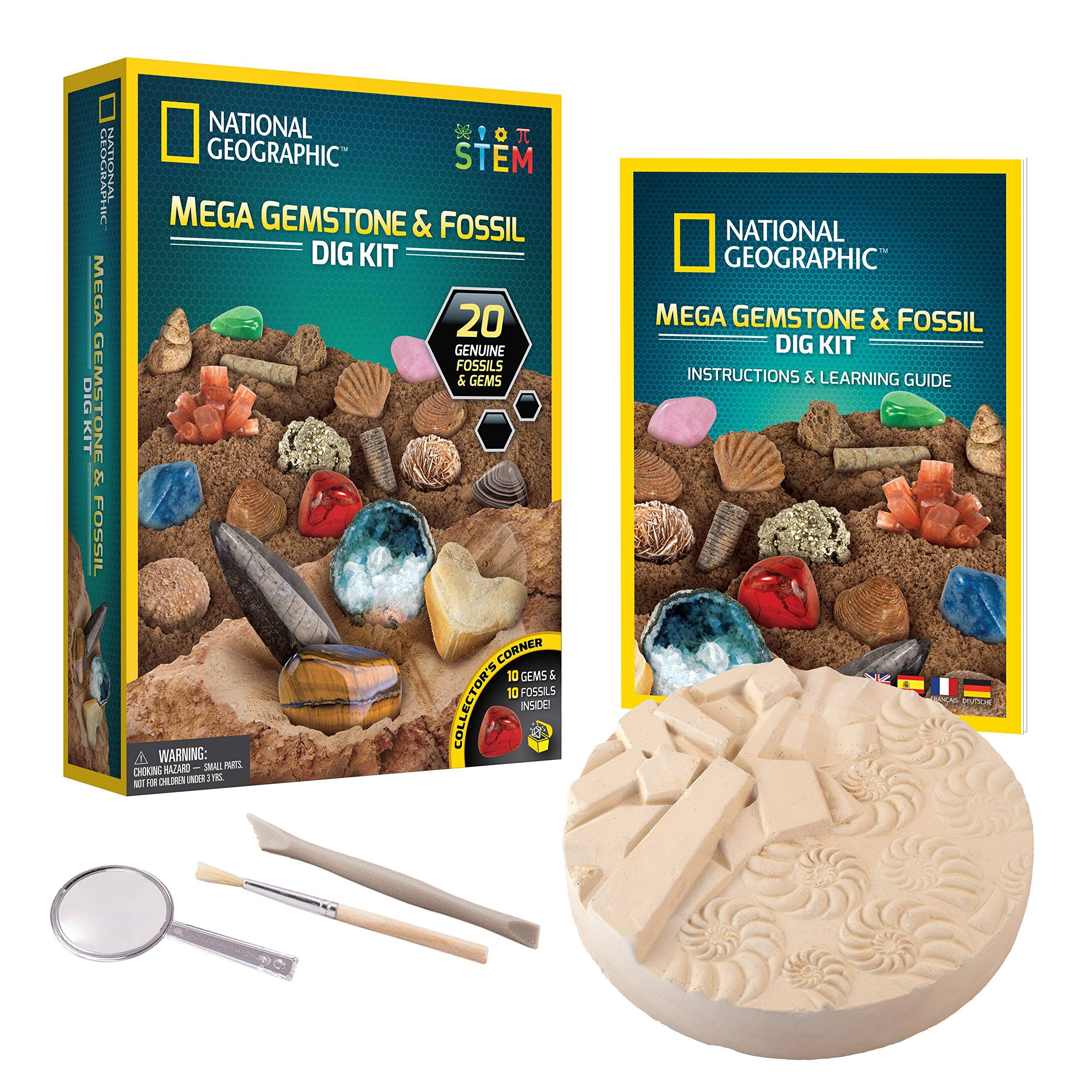 National Geographic Mega Fossil and Gemstone Dig Kits - Excavate 10 Real Fossils and 10 Real Gems, Great Stem Science Gift for Mineralogy and Geology