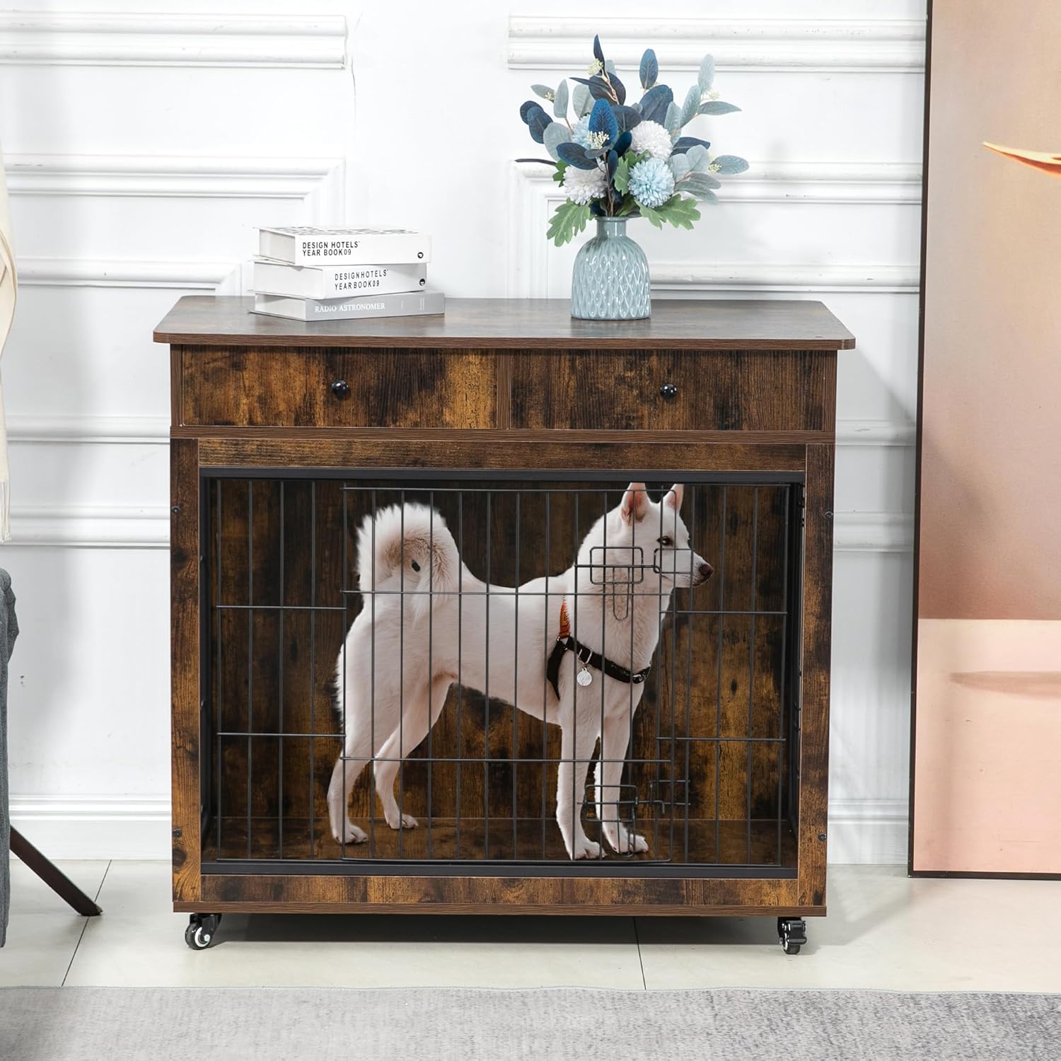 Yehha Cabinet Crate Furniture with Storage Drawer-Wheels, Wooden Kennel with 2 Doors, Steel-Tube Frame & Waterproof Table Top