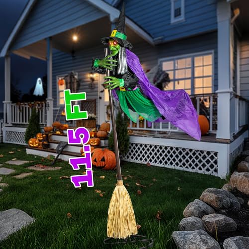 Halloween Decorations Outdoor - 12 Ft Animated Hovering Witch with Sound & Touch Activated Sensor - Witch on Broom Halloween Decorations Outdoor